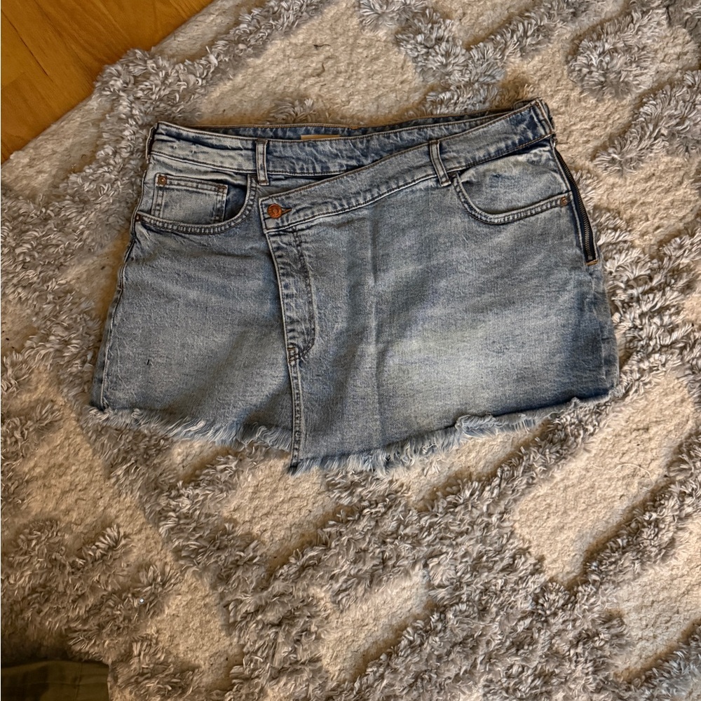 Denim Mini Skort with Frayed Hem
